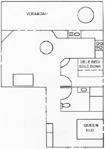 Floorplan of a river cabin at Edgewater Holiday Park